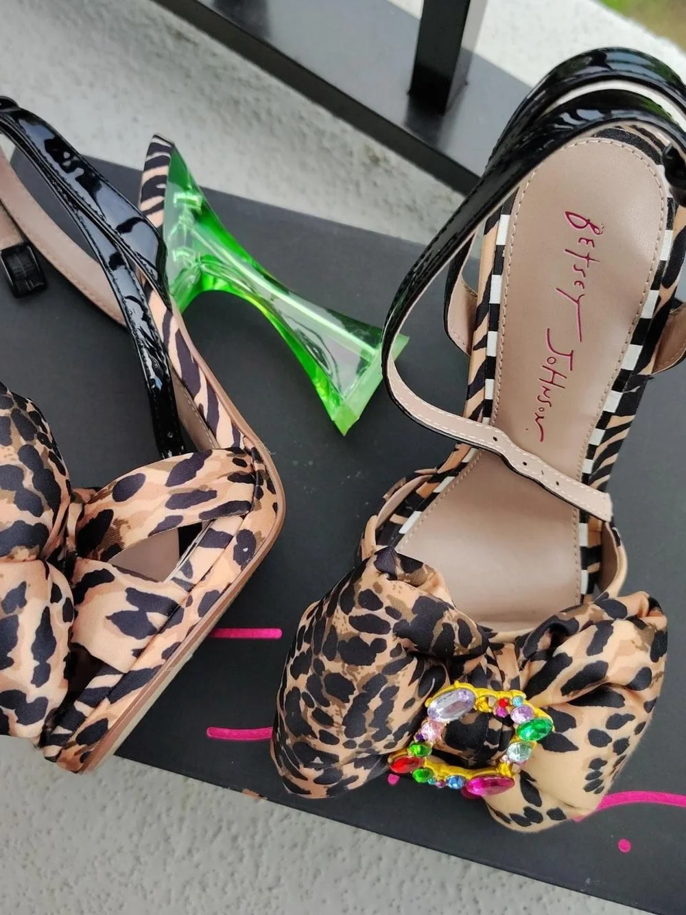 Betsey Johnson Leopard Print Bow Sandals with Black Patent Straps